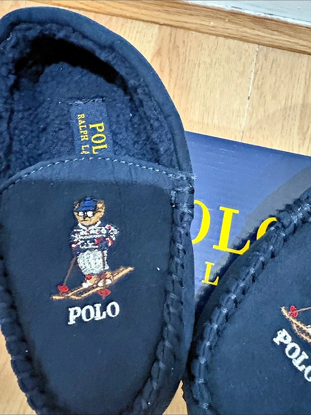 Polo Ralph Lauren Navy Dezi IV Polo Bear Faux-Shearling Slipper Kids Moccasins - Picture 3 of 5